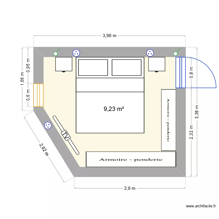 Chambre Cathy. Plan de 1  et 9 m²