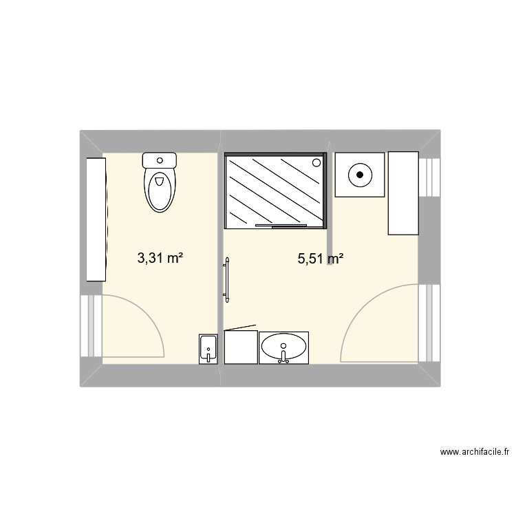 WC-Salle d'eau. Plan de 2 pièces et 9 m2