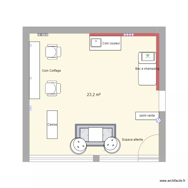 Salon de coiffure coin caisse. Plan de 1 pièce et 23 m²