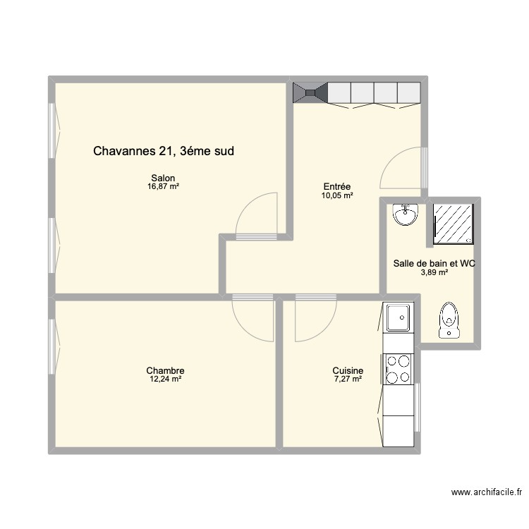 Chavannes 2, 3 éme sud. Plan de 5 pièces et 50 m2