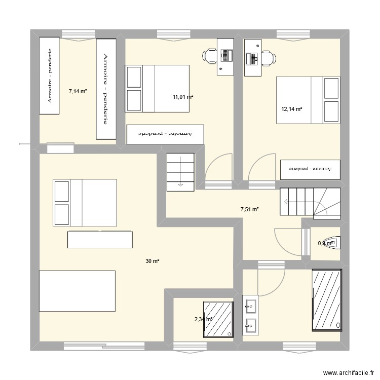 etage. Plan de 7 pièces et 71 m2