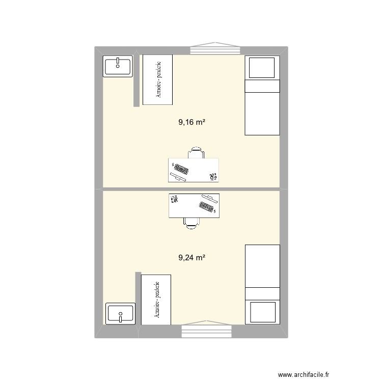 chambre Internat Ba. Plan de 2 pièces et 18 m2