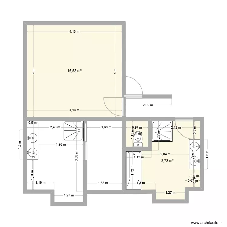 aménagement 2 sdb +dressing. Plan de 3 Pièces et 26 m² aménagement 2 sdb +dressing. Plan de 3 Pièces et 26 m²