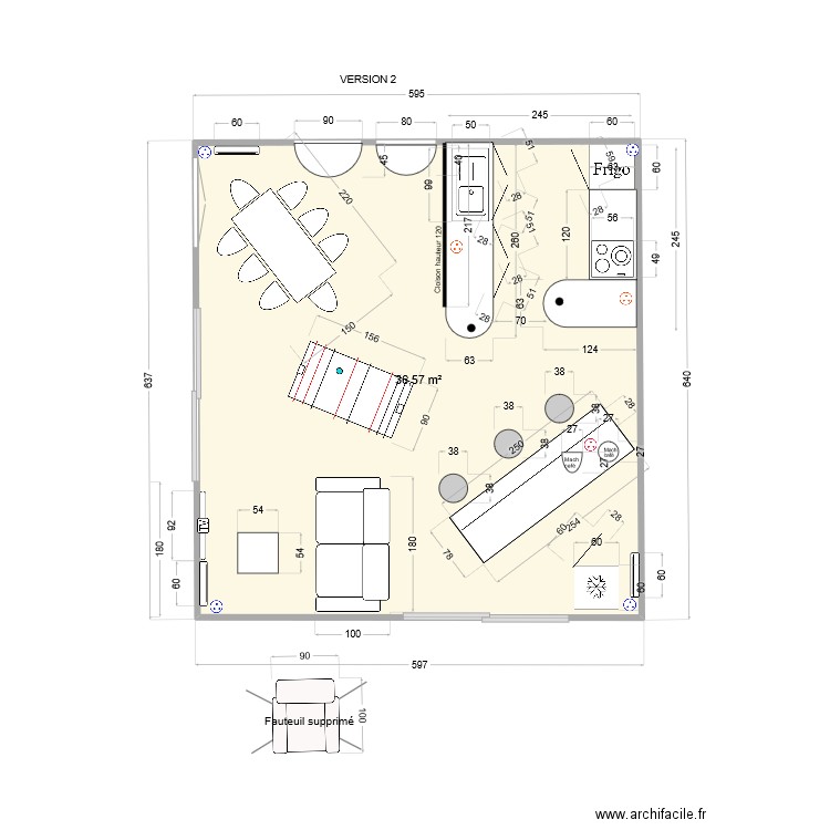 Modifications version 2. Plan de 1 pièce et 37 m2