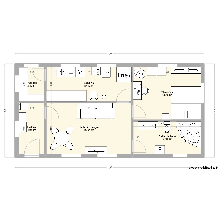 P1 appartement. Plan de 6 pièces et 54 m2