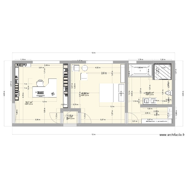 Chambre. Plan de 4 pièces et 49 m2
