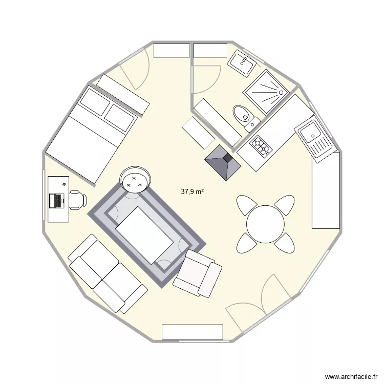 Yourte 12 pans 40m2. Plan de 1 pièce et 38 m²