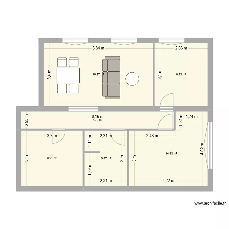 plan Dod modifi&eacute; sans meuble 1. Plan de 6  et 69 m²