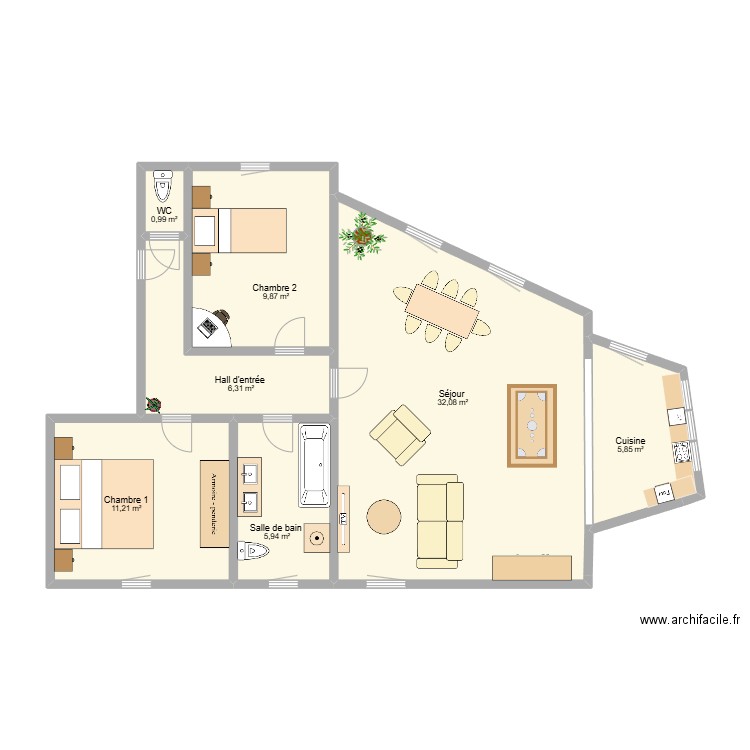 Hermée. Plan de 7 pièces et 72 m2