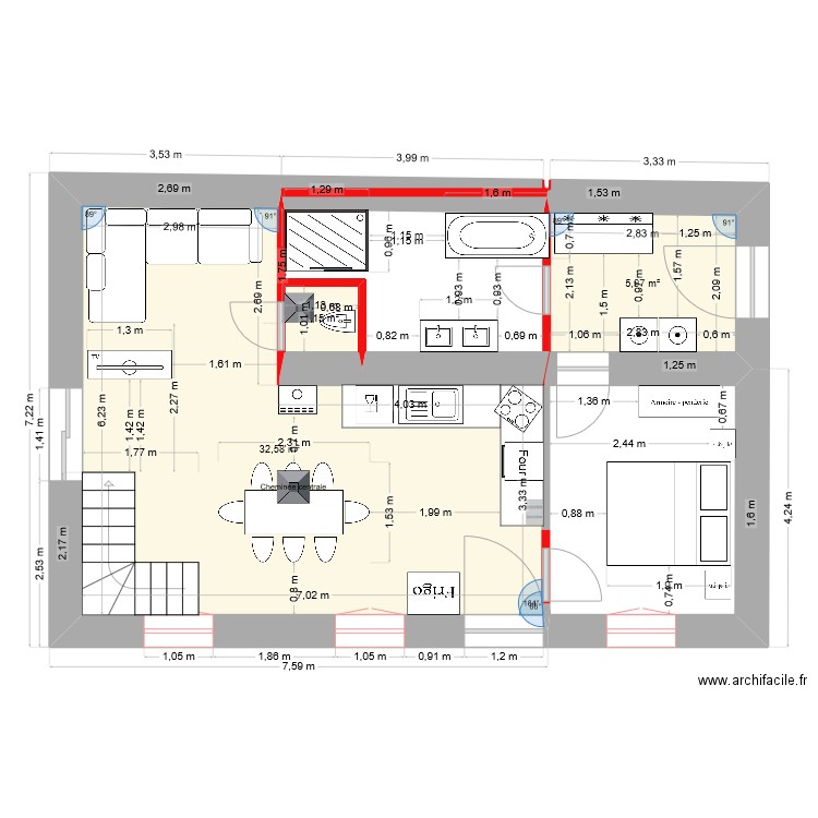 EMY rénovations. Plan de 3 pièces et 40 m2