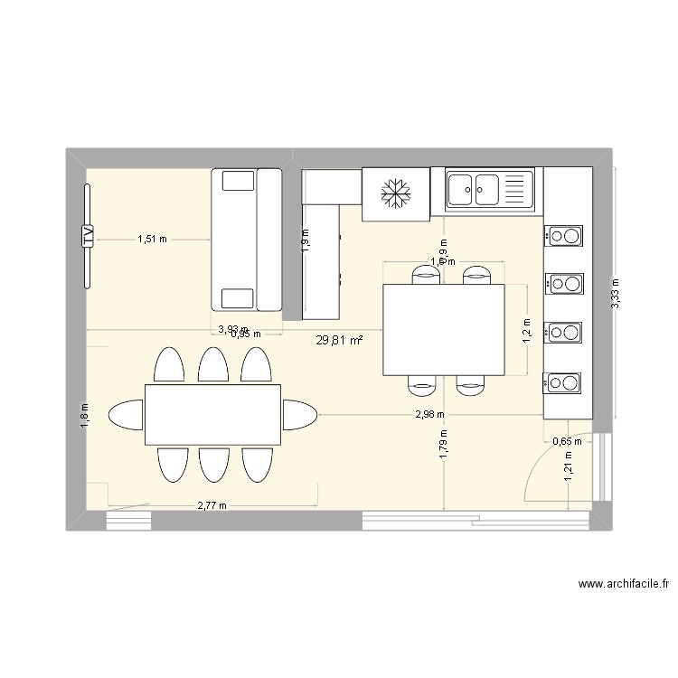 Beton. Plan de 1 pièce et 30 m2