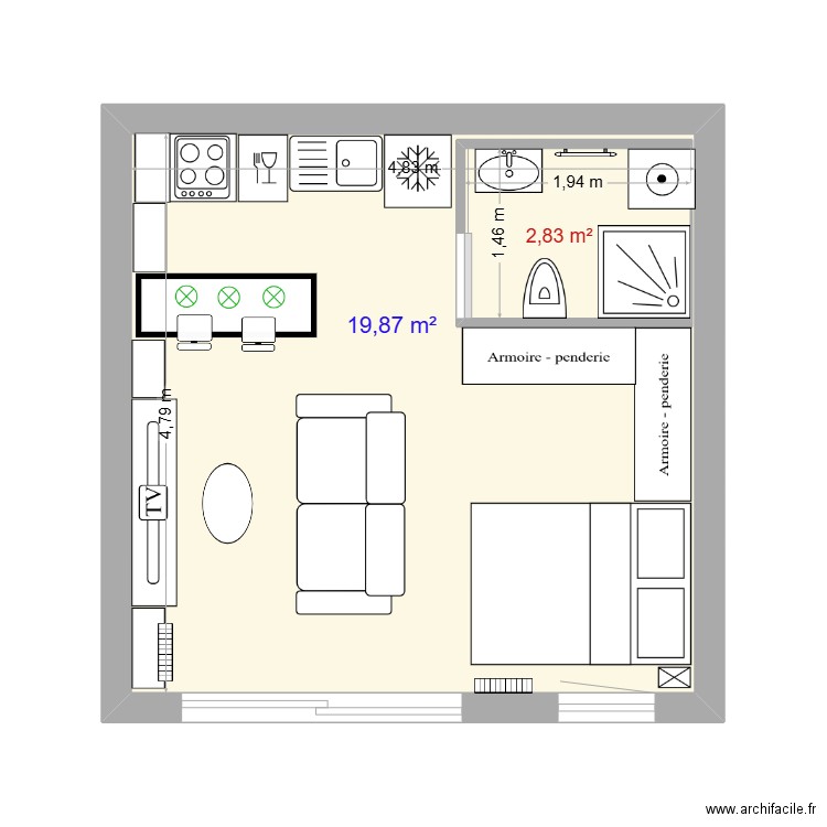 studio 22 bis 5. Plan de 2 pièces et 26 m2