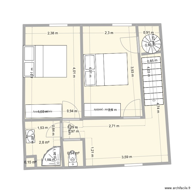 jak. Plan de 4 pièces et 34 m2