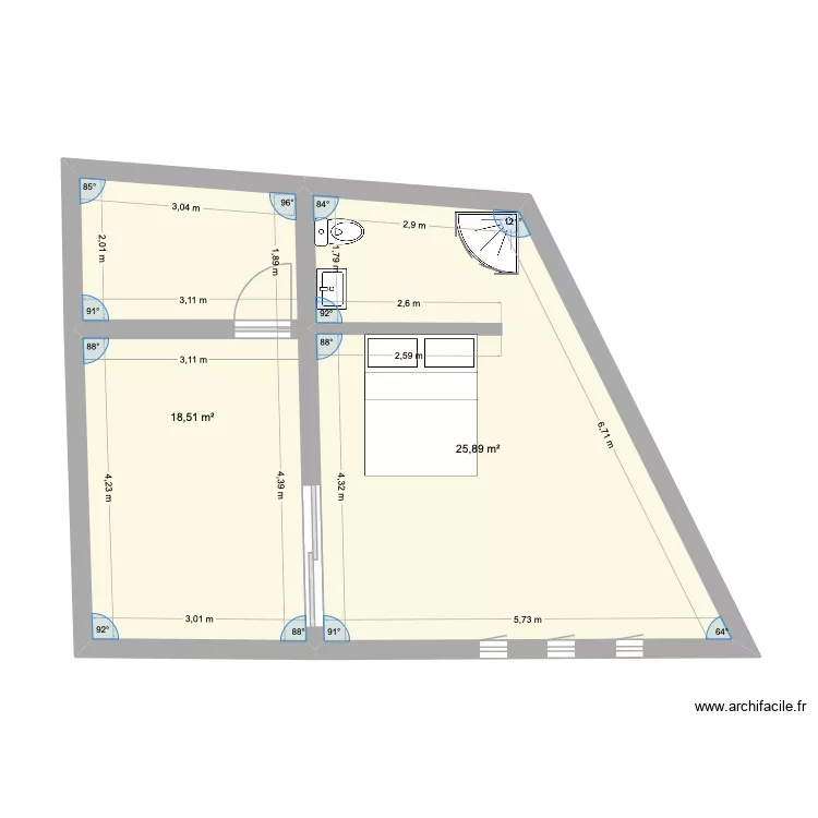 plan studio. Plan de 2 pièces et 44 m²