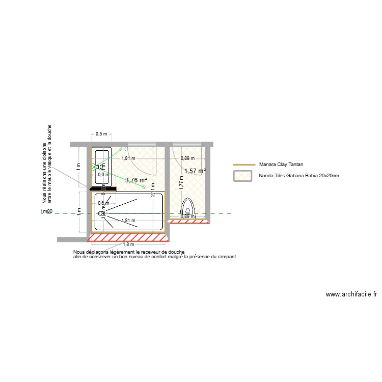 SdB Rezler enfant. Plan de 3 pièces et 5 m2