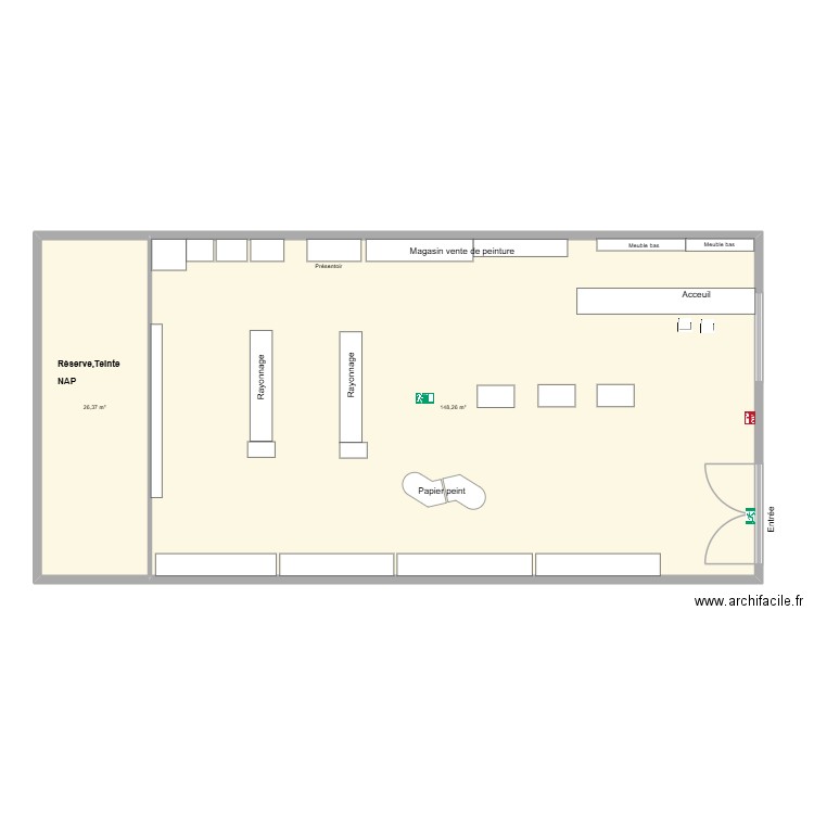 Magasin vente de peinture rayonnage. Plan de 2 pièces et 175 m2