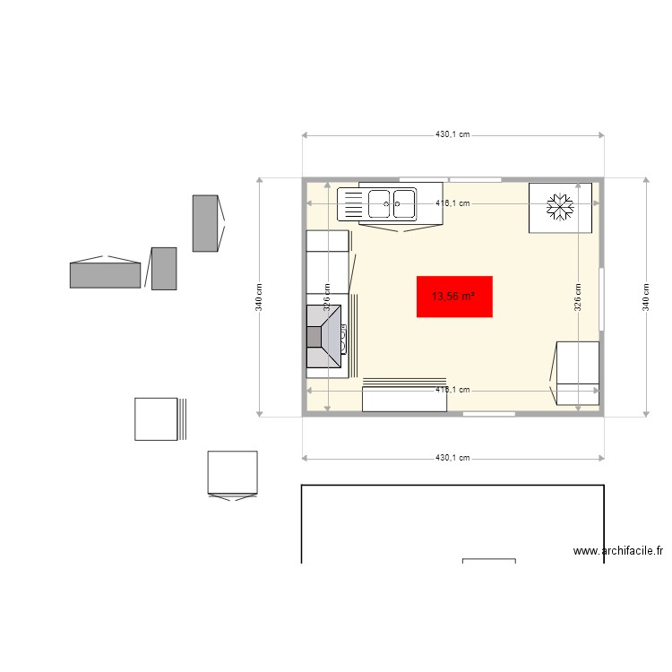 CUISINE MUGUET. Plan de 1 pièce et 14 m2