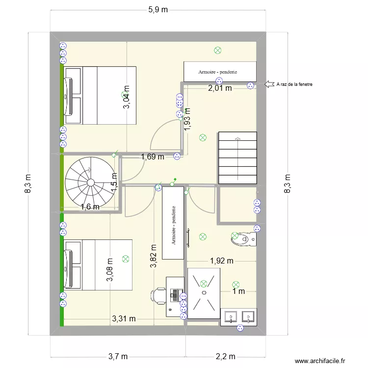 maison R+1 bis. Plan de 7  et 40 m²