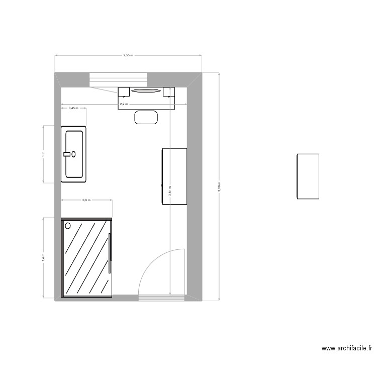 salle de douche avec coin coiffeuse. Plan de 1 pièce et 8 m2