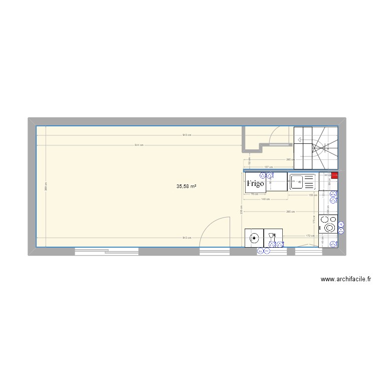 niveau 0 cuicine cot sol. Plan de 1 pièce et 36 m2