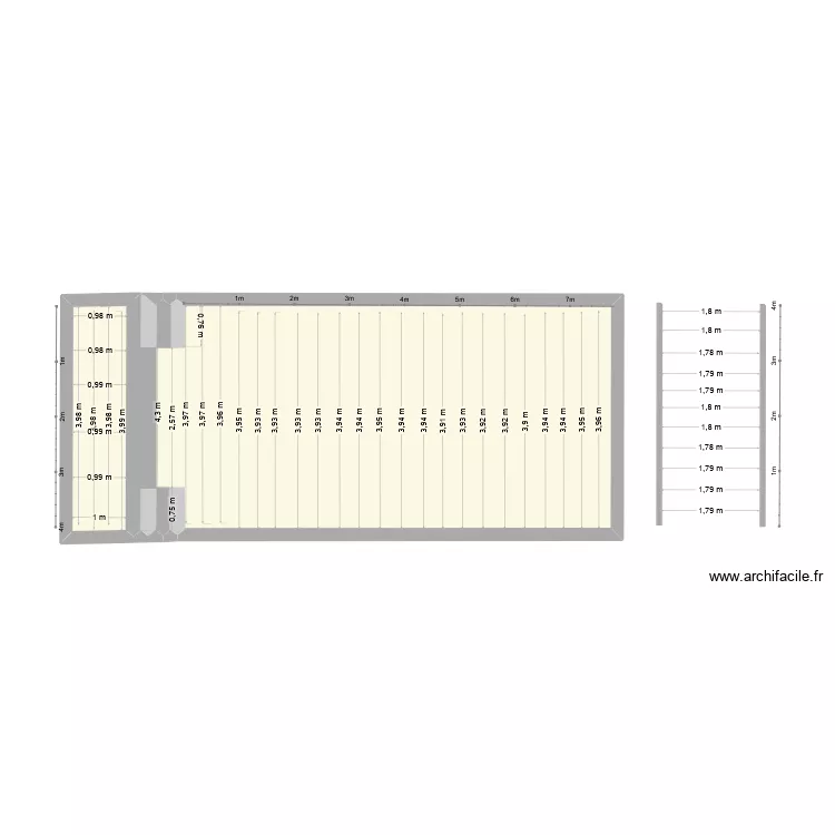largeur bassin (haut de mur)+mur nord+ fosse. Plan de 2  et 37 m²