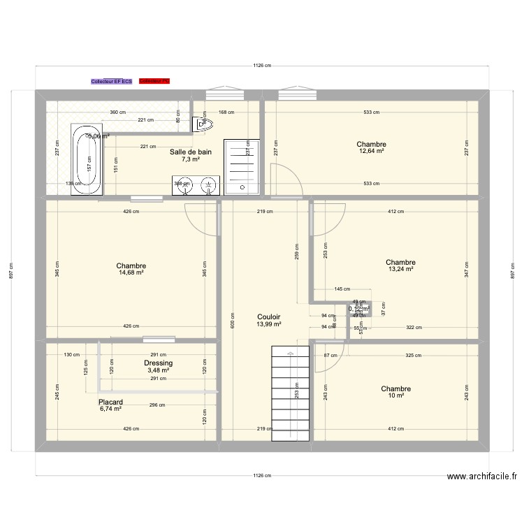 Çayan étage. Plan de 10 pièces et 87 m2