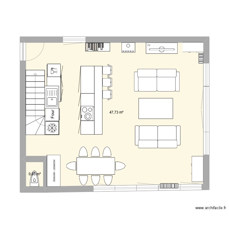 Salon Peuplier. Plan de 2 pièces et 49 m2