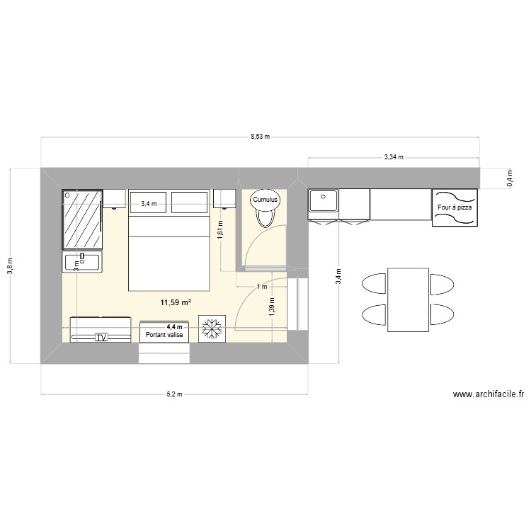Cabane-studio4. Plan de 2 pièces et 13 m2
