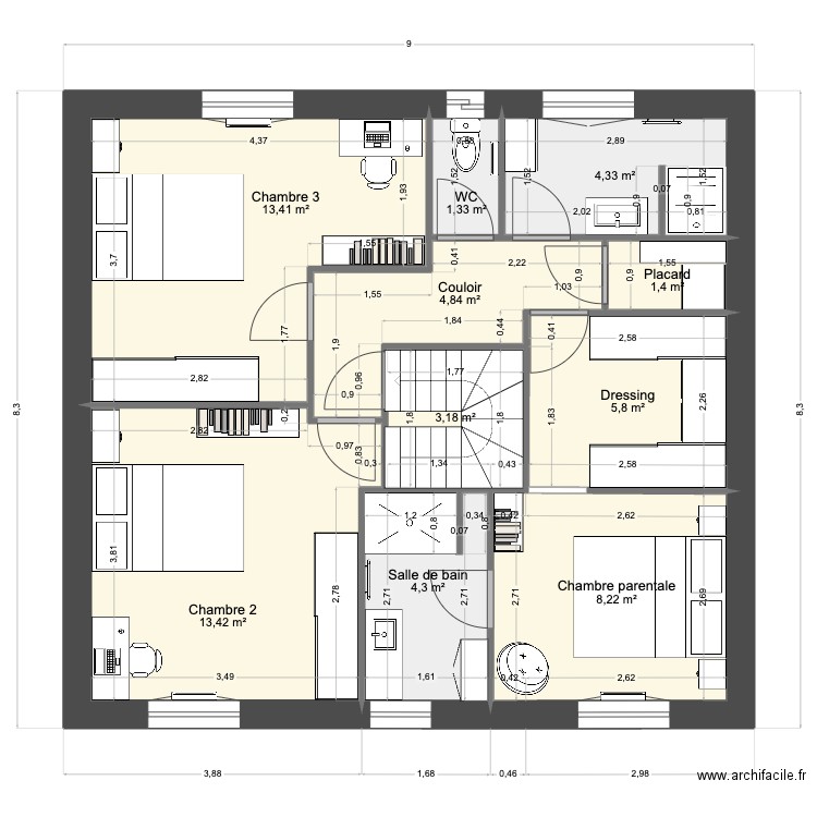 184 NEW à VALIDER. Plan de 16 pièces et 184 m2