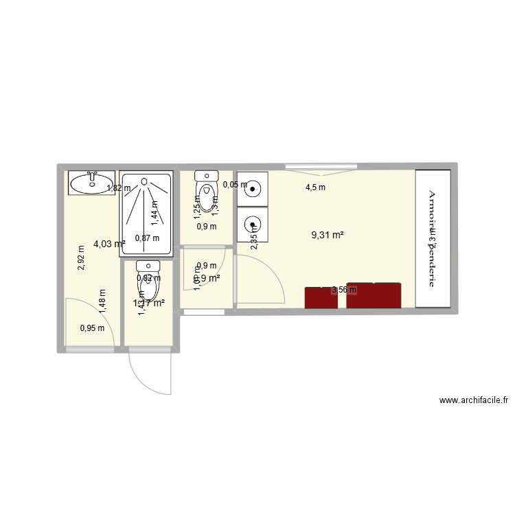 salle de bain chantal  3. Plan de 4 pièces et 15 m2