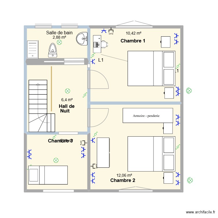 chambres aménagées. Plan de 5 pièces et 37 m2