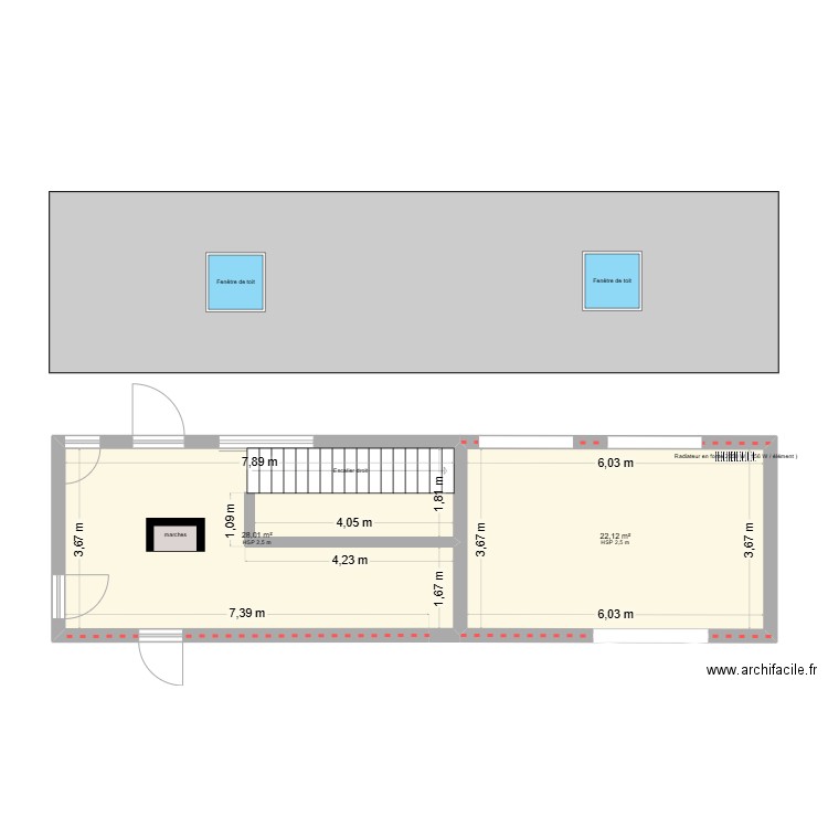 bureau e1/8 et e1/13. Plan de 2 pièces et 50 m2