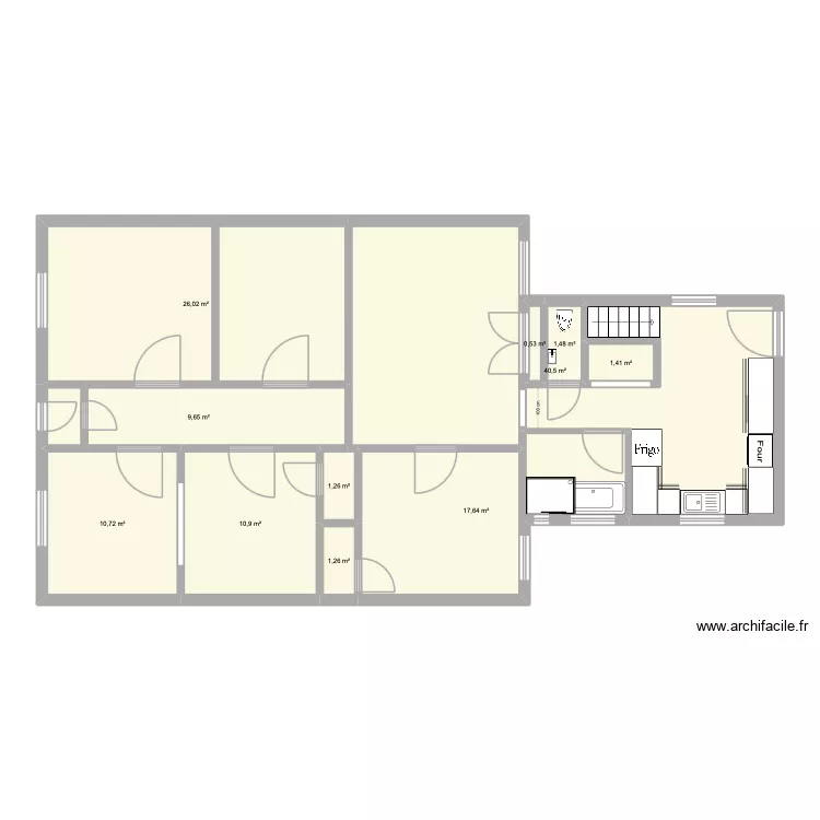 RDC cuisine. Plan de 11  et 121 m²