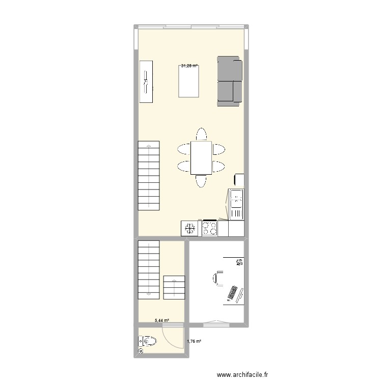 bray dunes 1 er etage. Plan de 3 pièces et 38 m2