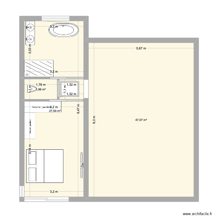 EXTENSION V1. Plan de 3 pièces et 77 m2