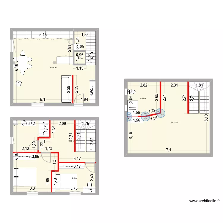 cordes. Plan de 7  et 129 m²