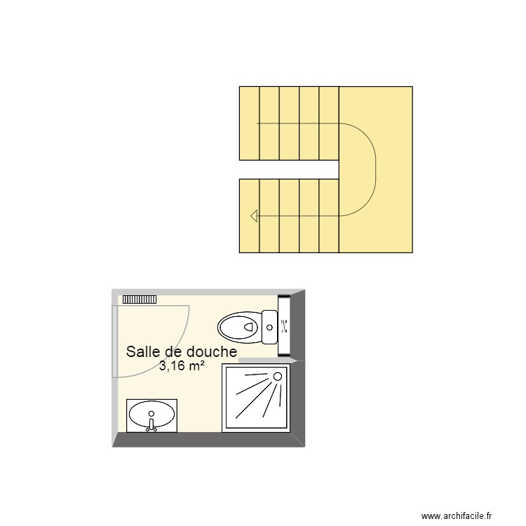 Salle de douche & escalier. Plan de 1 pièce et 3 m2