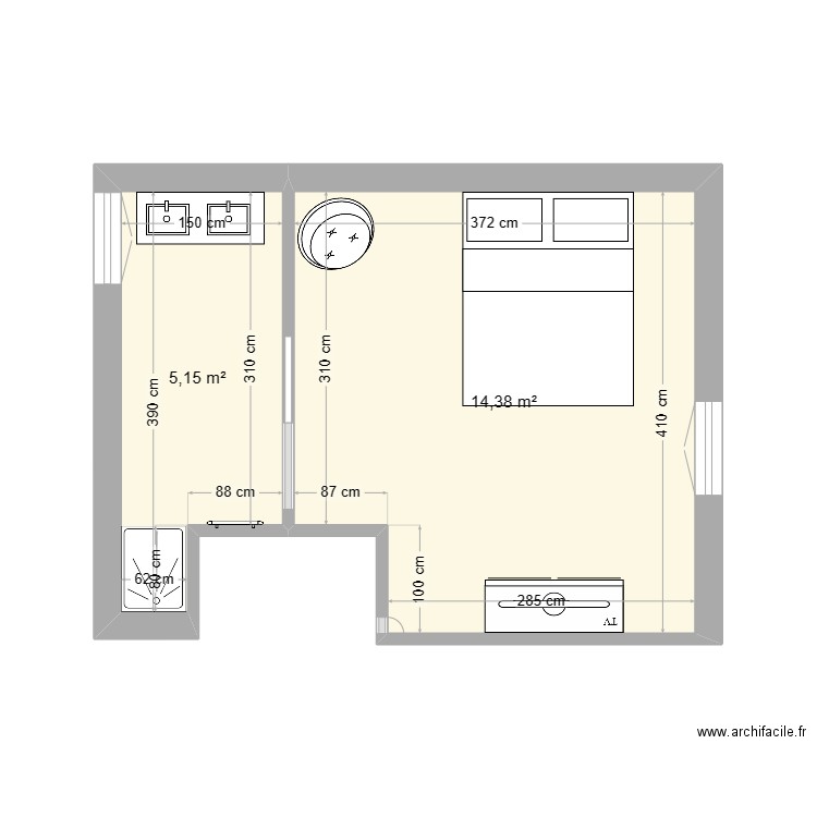 Sdb 1 + Chambre . Plan de 2 pièces et 20 m2
