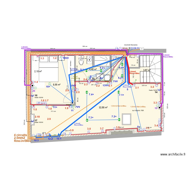 Appartement 3ème Electricité Ph1. Plan de 5 pièces et 52 m2