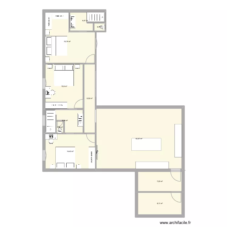 Plan en L avec couloir. Plan de 11 et 122 m² Plan en L avec couloir. Plan de 11 et 122 m²