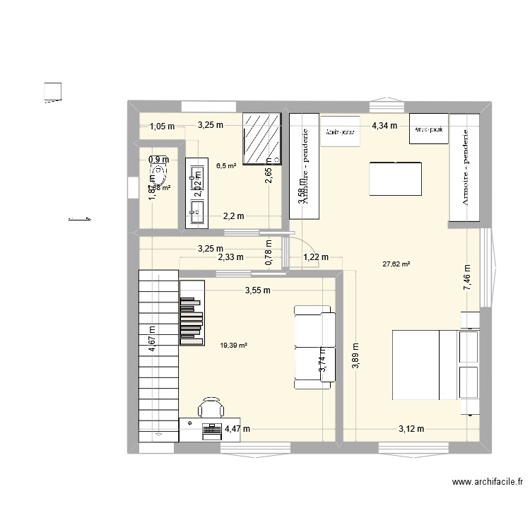 EXTENSION NON MITOYENNE. Plan de 2 pièces et 56 m2