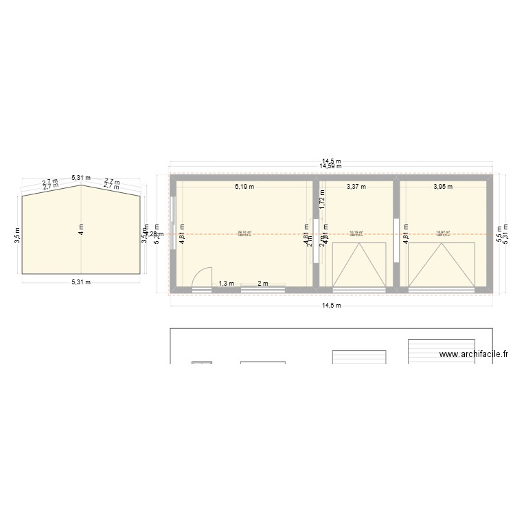 garage. Plan de 3 pièces et 65 m2