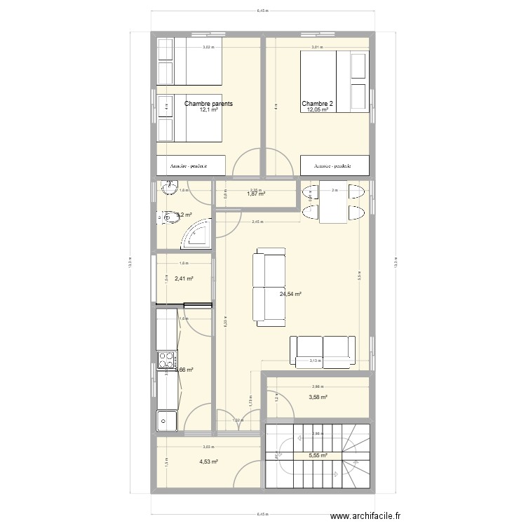 2ème et 3ème niveau Meublé. Plan de 10 pièces et 75 m2