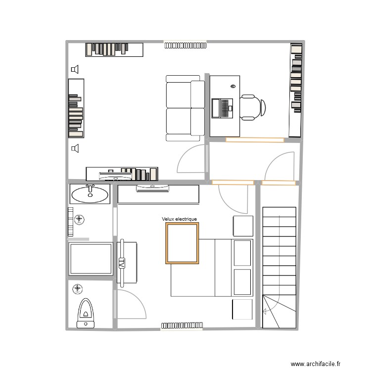Chambre & salon variante porte/orientation fauteuil. Plan de 6 pièces et 37 m2