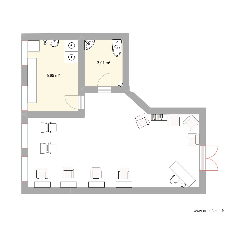 plan du salon kenza louise. Plan de 2 pièces et 9 m2