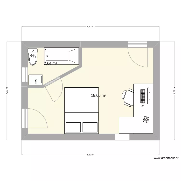 Chambre bureau 2. Plan de 2  et 18 m²