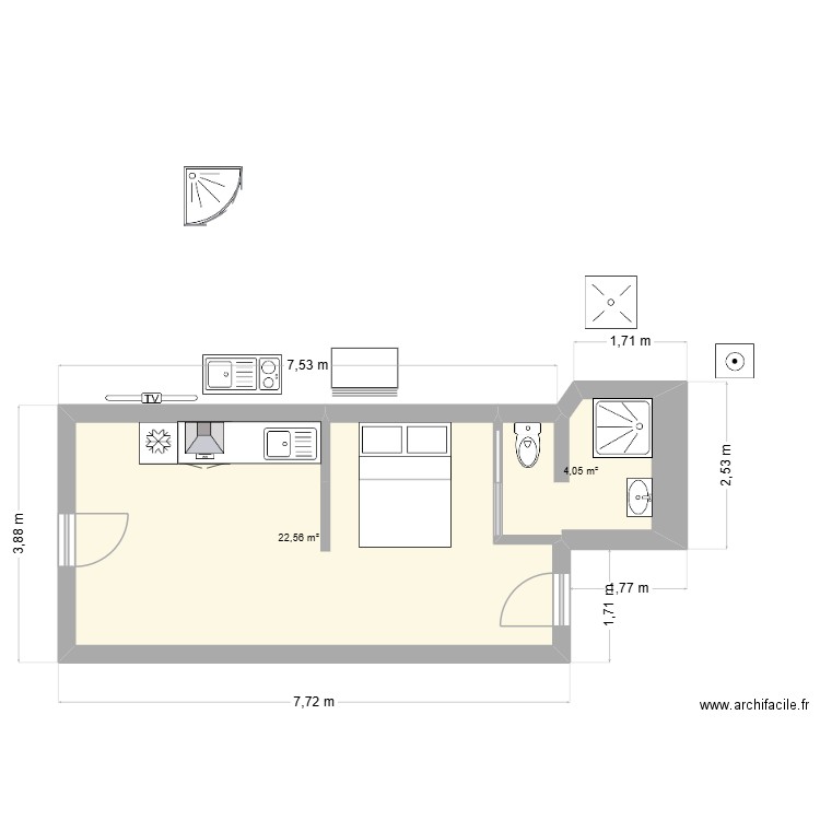 36 bis T1. Plan de 2 pièces et 27 m2