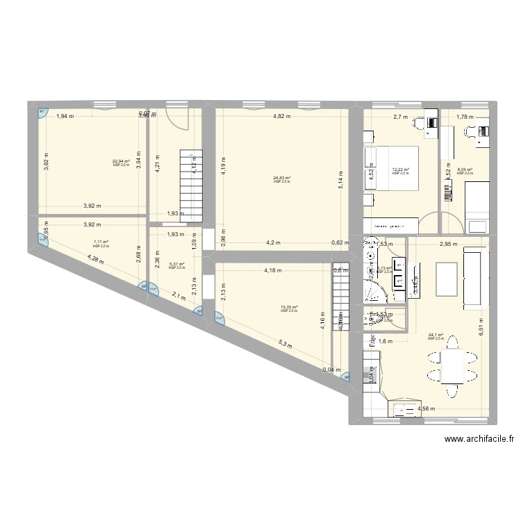 Kennedy RDC. Plan de 10 pièces et 125 m2