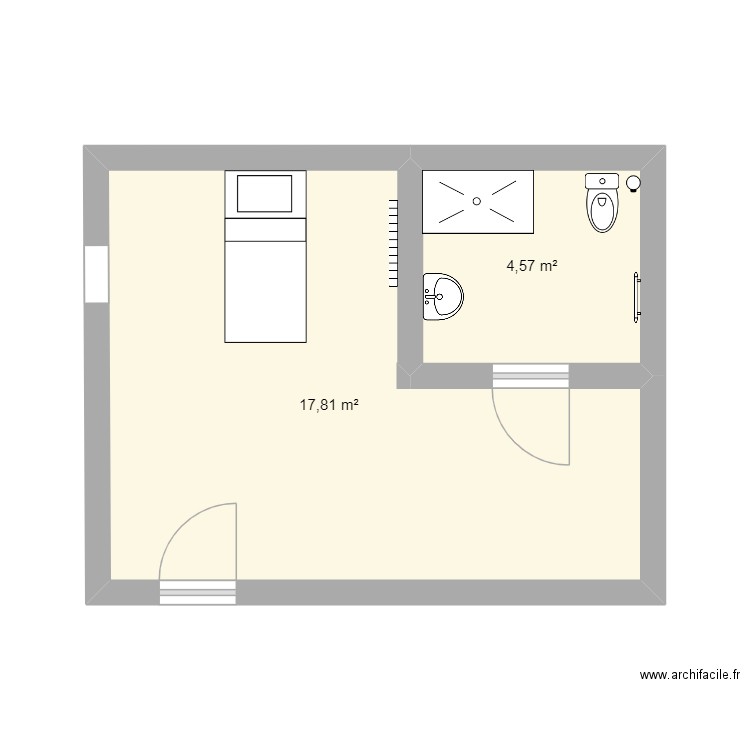 chambre. Plan de 2 pièces et 22 m2
