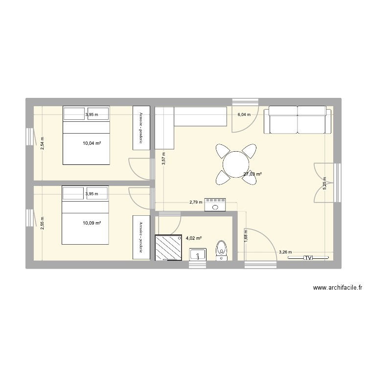 Pallier plan F. Plan de 4 pièces et 51 m2